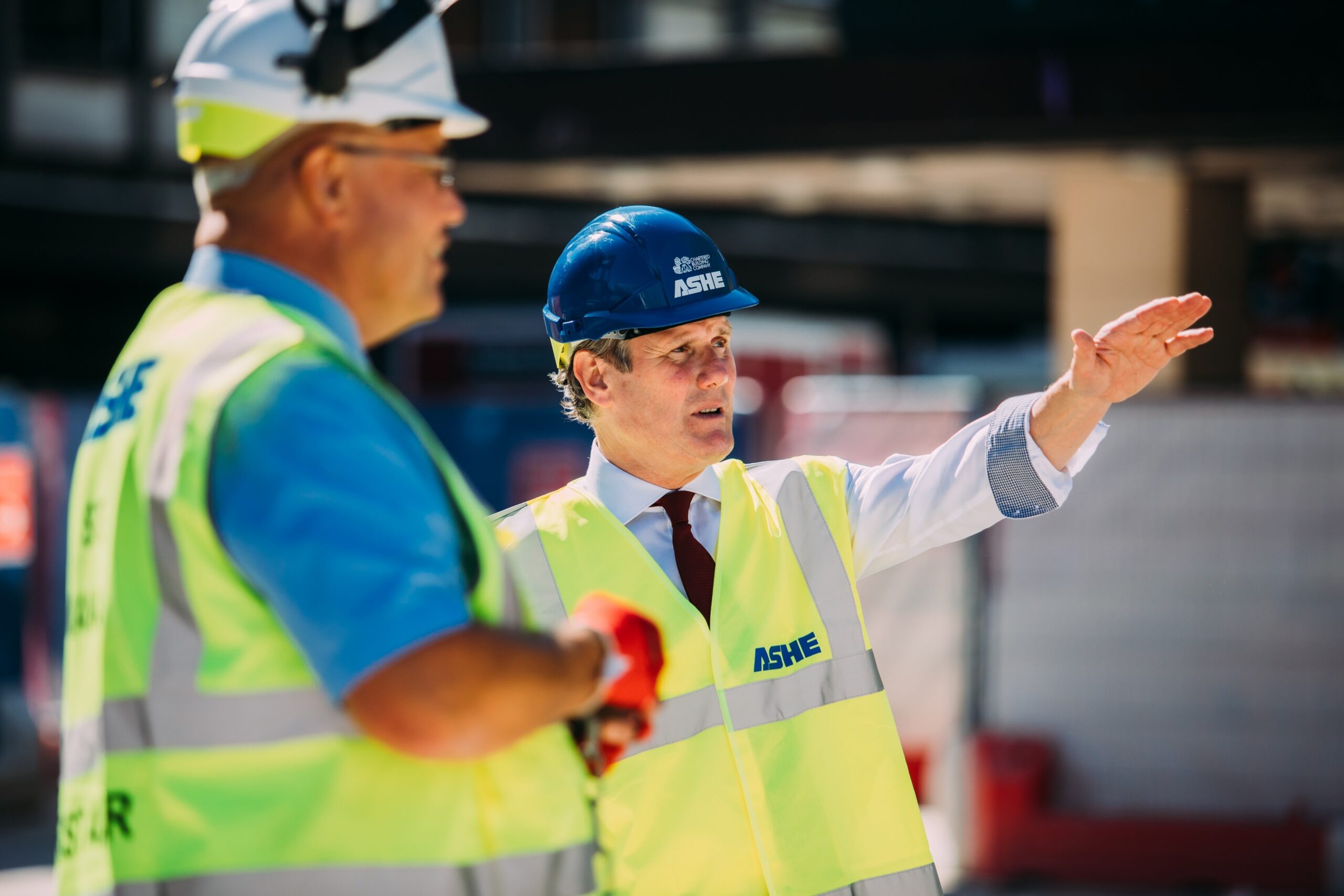 Keir Starmer in hard hat and high vis jacket